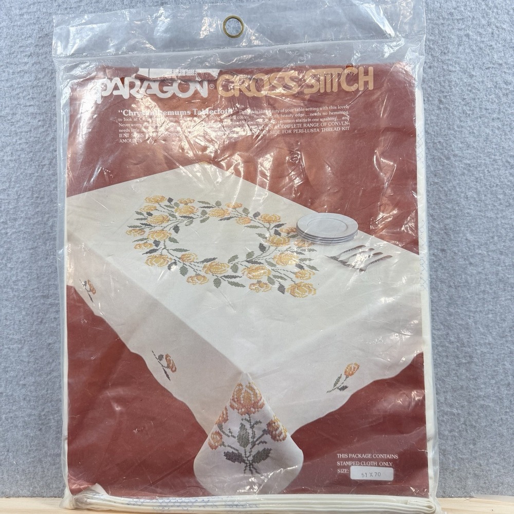 Vtg Paragon Floral Mums Cross Stitch Tablecloth Stamped Linen 51x70 Cottagecore